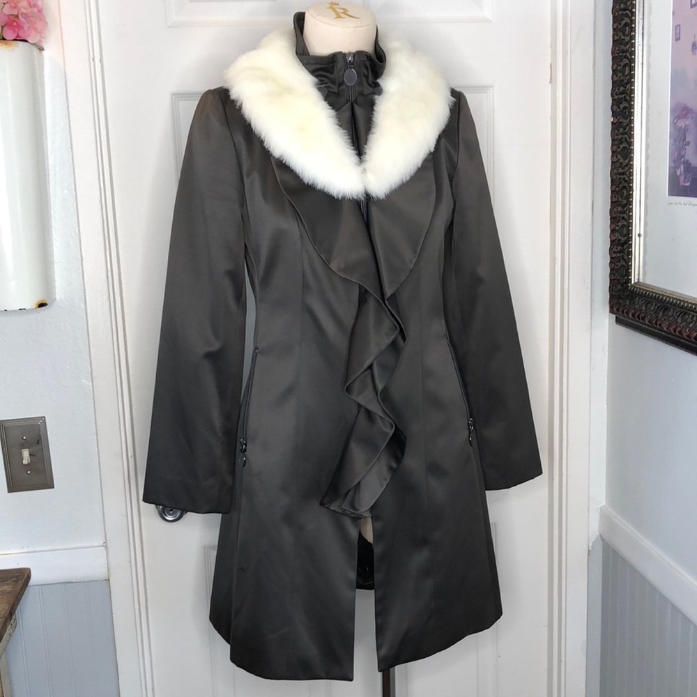 Tahari satin faux fur collar trench coat